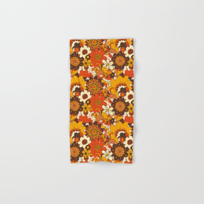 Retro 70s Flower Power, Floral, Orange Brown Yellow Psychedelic Pattern Hand & Bath Towel