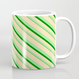 [ Thumbnail: Tan, Light Green, and Green Colored Lined/Striped Pattern Coffee Mug ]