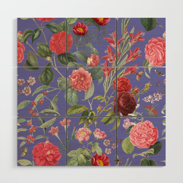 Veri Peri Rose Garden - Vintage botanical illustration collage at Periwinkle blue color Wood Wall Art