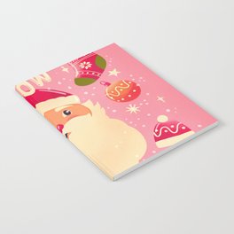 Cute Santa Claus smiling with hand lettering message let it snow. Socks, beanies, mittens and decoration on pink background. Festive bright Christmas illustration. Notebook