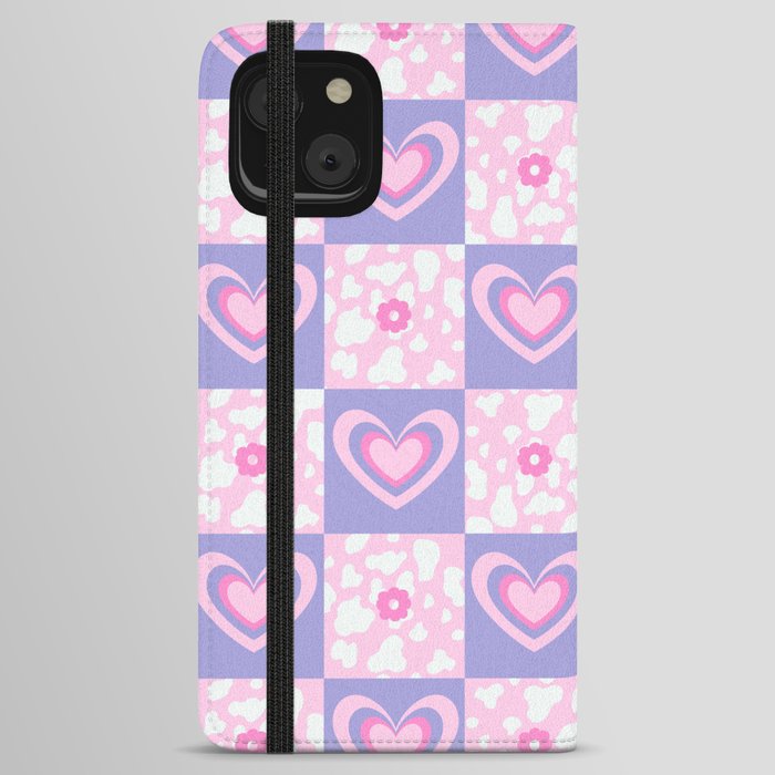 Hearts + Howdy Cow Spots + 70s Flowers on Checker iPhone Wallet Case