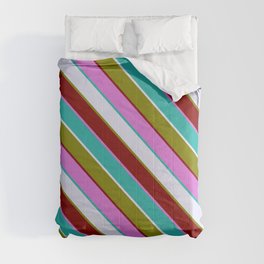 [ Thumbnail: Eyecatching Lavender, Green, Maroon, Orchid & Light Sea Green Colored Pattern of Stripes Comforter ]