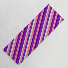 [ Thumbnail: Dark Violet, Turquoise, Salmon, and Indigo Colored Lined Pattern Yoga Mat ]