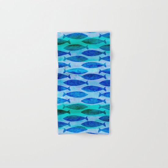 Blue Turquoise Green Watercolor Fish Pattern Hand & Bath Towel