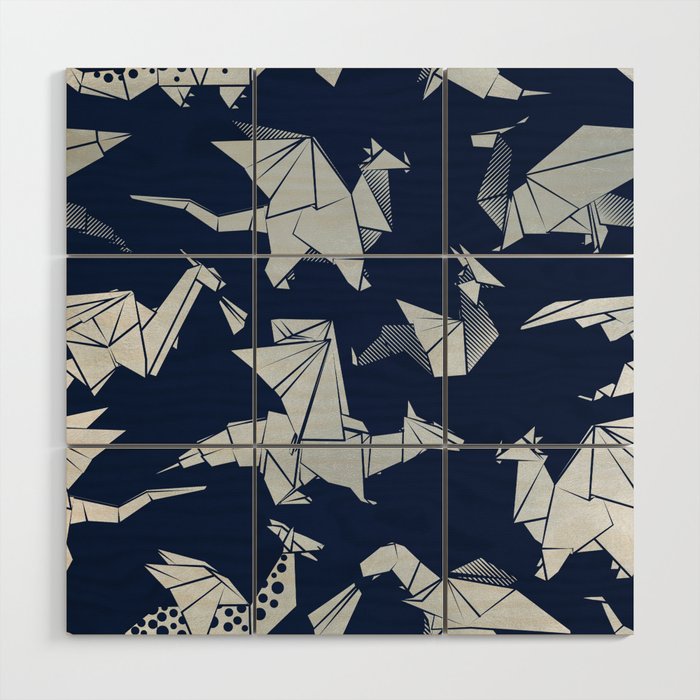 Origami metallic dragon friends // oxford navy blue background metal silver fantasy animals Wood Wall Art