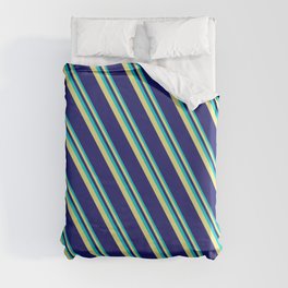 [ Thumbnail: Dark Turquoise, Tan, and Midnight Blue Colored Lines/Stripes Pattern Duvet Cover ]