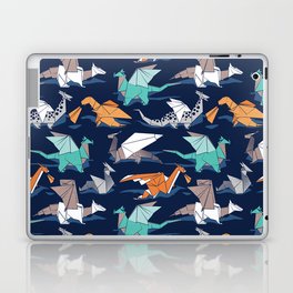 Origami dragon friends // oxford navy blue background aqua orange grey and taupe fantastic creatures Laptop Skin