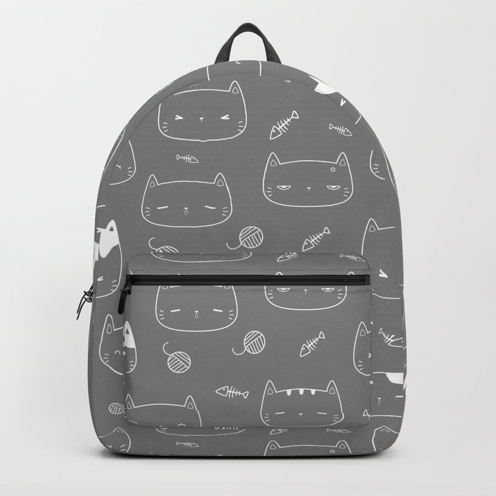 Grey and White Doodle Kitten Faces Pattern Backpack