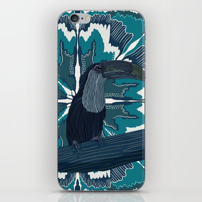 Toucan sitting on a abstract blue flower leaf design iPhone Skin