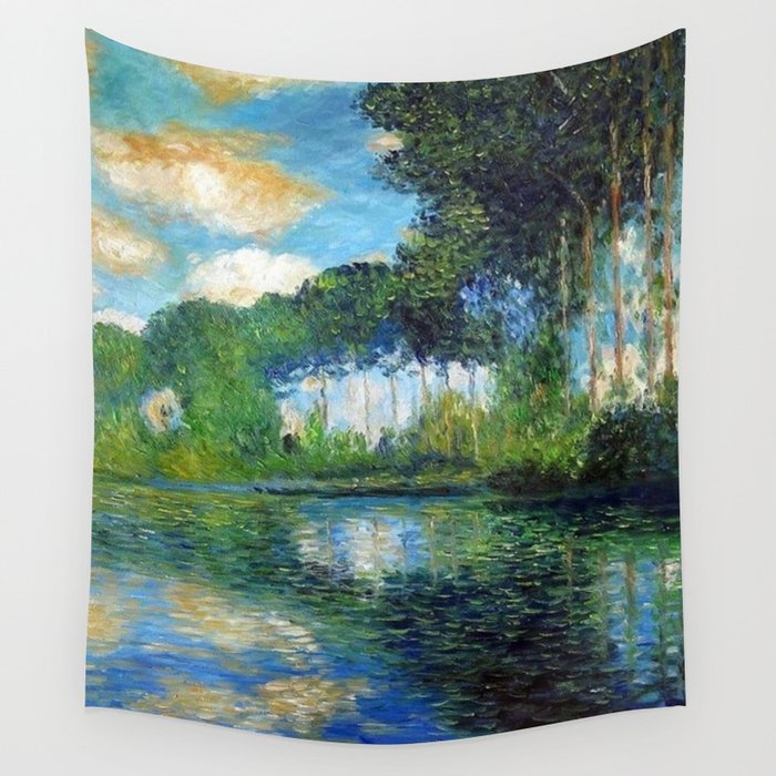 Fair-weather Clouds Reflected in the Lily Pond with Poplar Trees landscape painting by Claude Monet Wall Tapestry
