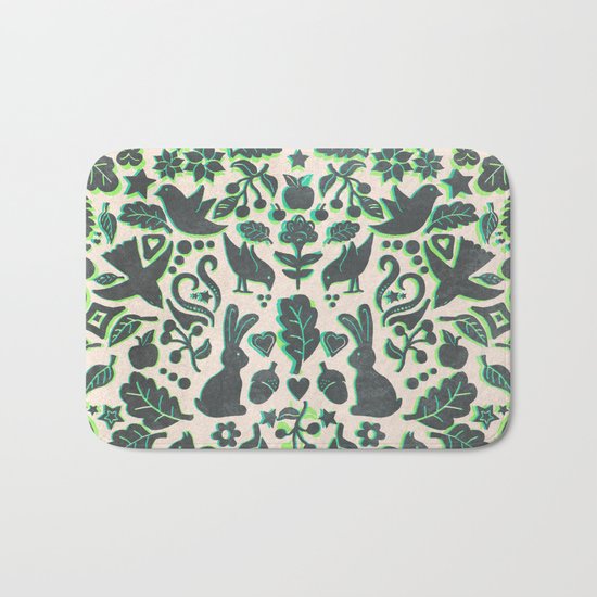 Two Rabbits - folk art pattern in grey, lime green & mint Bath Mat