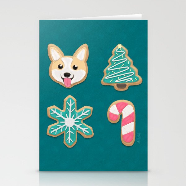Holiday Cookies - Corgi, Christmas Tree, Snowflake and Candy Cane, Sweet and Cute Festive Pattern in Teal Green, Pink and Beige Stationery Cards