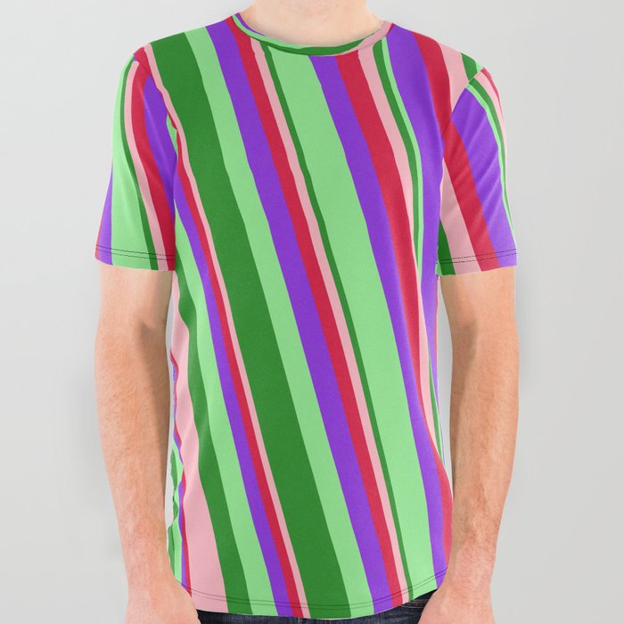 Eye-catching Light Pink, Crimson, Purple, Light Green, and Forest Green Colored Stripes Pattern All Over Graphic Tee