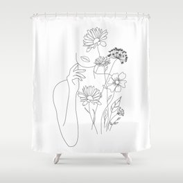 Minimal Line Art Woman with Flowers III Shower Curtain