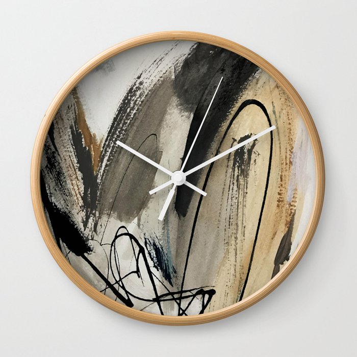 Drift [5]: a neutral abstract mixed media piece in black, white, gray, brown Wall Clock