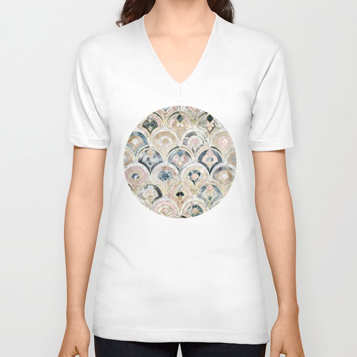 Art Deco Marble Tiles in Soft Pastels V Neck T Shirt