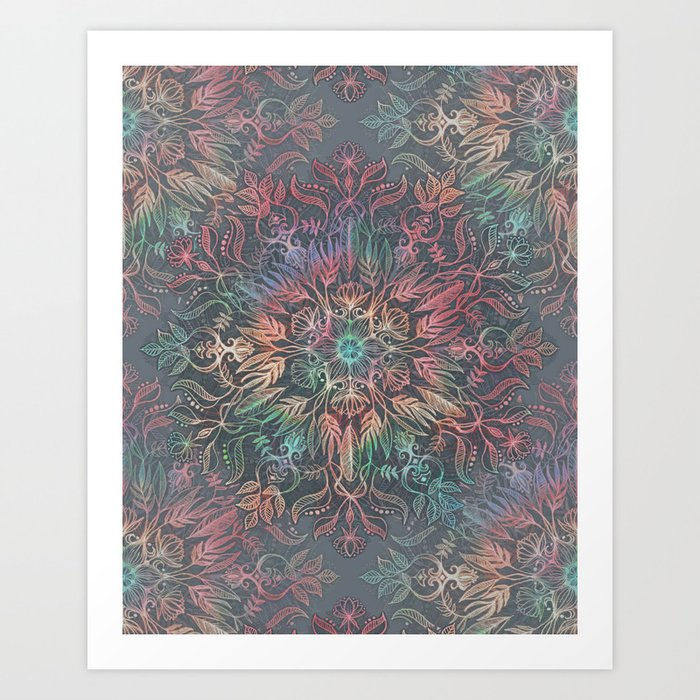 Winter Sunset Mandala in Charcoal, Mint and Melon Art Print