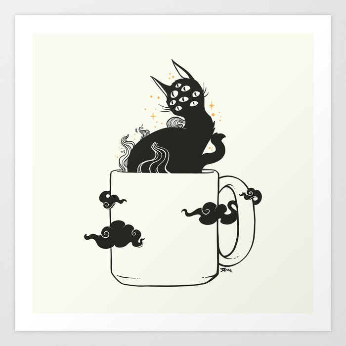 Many Eyed Cat In Coffee Cup With Magic Clouds Art Print