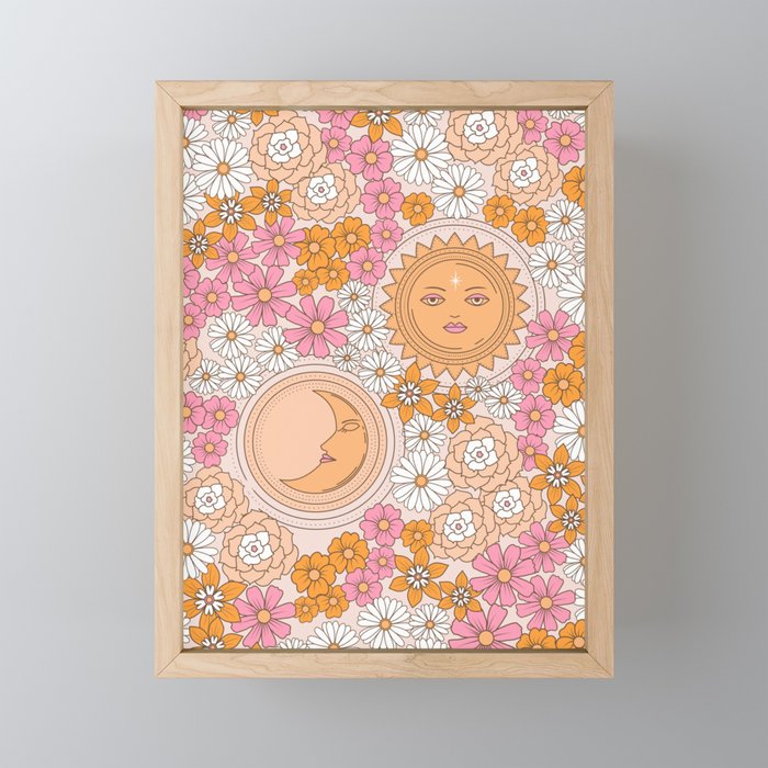 Retro Moon Sun and Flowers Framed Mini Art Print