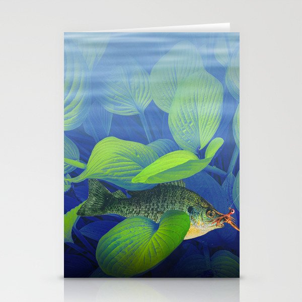 Bluegill Sunfish hooked with a jig lure underwater among green foliage Stationery Cards