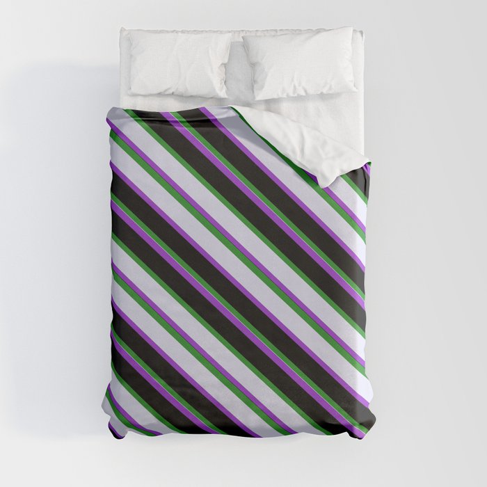 Forest Green, Lavender, Dark Orchid, and Black Colored Striped Pattern Duvet Cover