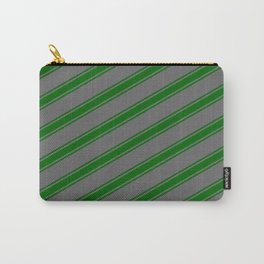 [ Thumbnail: Dim Grey and Dark Green Colored Stripes Pattern Carry-All Pouch ]