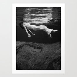 Woman Floating Underwater, Black and White Vintage Art Art Print