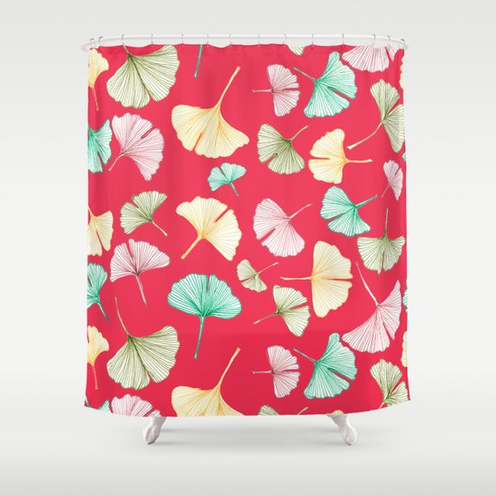 Gingko Leaves on Red Shower Curtain