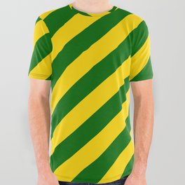 [ Thumbnail: Yellow & Dark Green Colored Lined Pattern All Over Graphic Tee ]
