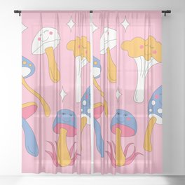 Retro mushrooms and smiles and sparkles. Pink background. Sheer Curtain
