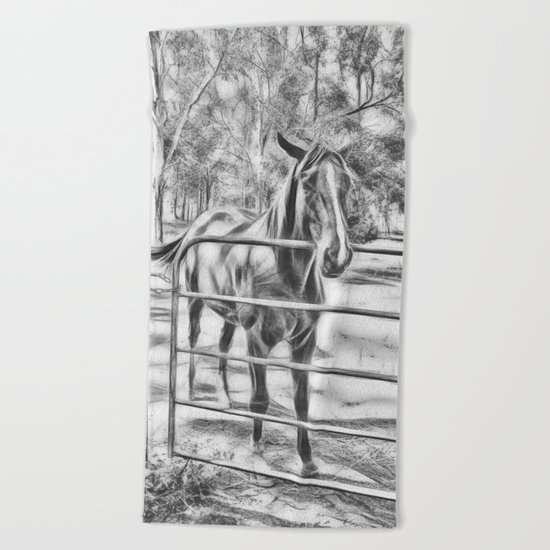 Calm horse standing near gate in Queensland Beach Towel
