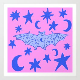 Mystical Bat with Stars and Moons, Blue over Pink Art Print
