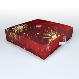 Red Background with Gold Snowflakes Outdoor Floor Cushion