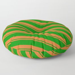 [ Thumbnail: Chocolate and Green Colored Lined/Striped Pattern Floor Pillow ]