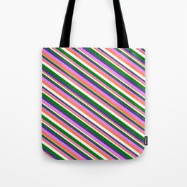 [ Thumbnail: Dark Slate Blue, Violet, Coral, White, and Green Colored Lined/Striped Pattern Tote Bag ]