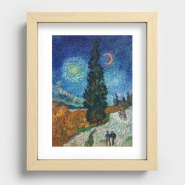 Road with Cypress and Star; Country Road in Provence by Night, oil-on-canvas post-impressionist landscape painting by Vincent van Gogh in alternate blue twilight sky Recessed Framed Print