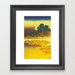 At the Lakeside in Kehen - Nature Ukiyo Landscape in Green, Blue, Red, Yellow and Orange Framed Art Print