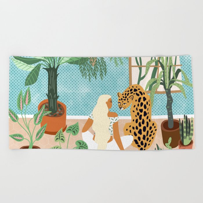 Urban Jungle Illustration, Tiger Home Decor, Woman & Modern Bohemian Wildlife Painting Beach Towel