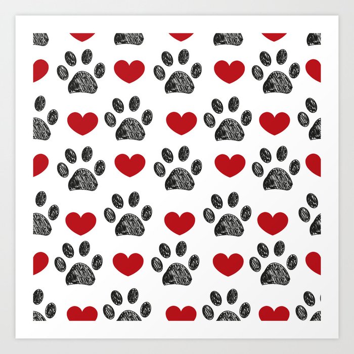 Cute Dog and Hand Drawn Paw Print Pattern Wrapping Paper by gulsengunel