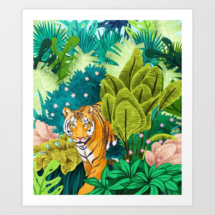 Jungle Tiger | Modern Bohemian Colorful Forest | Tropical Botanical Nature Watercolor Painting Art Print