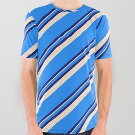 [ Thumbnail: Blue, Midnight Blue, and Beige Colored Striped Pattern All Over Graphic Tee ]