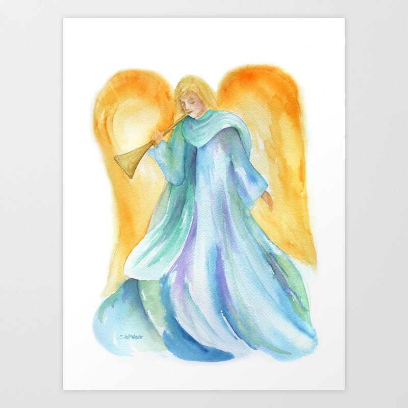 Angel With Trumpet Watercolor Art Print By Susan Windsor | Society6