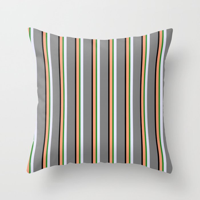 Light Salmon, Black, Grey, Lavender, and Forest Green Colored Stripes Pattern Throw Pillow