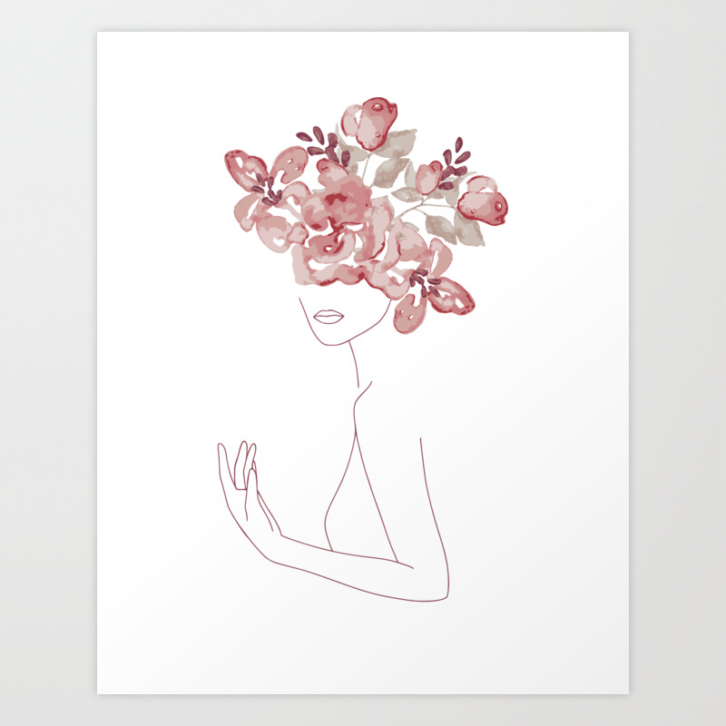 Minimal Line Art Woman With Watercolor Flowers Wreath Art Print By Better Home | Society6