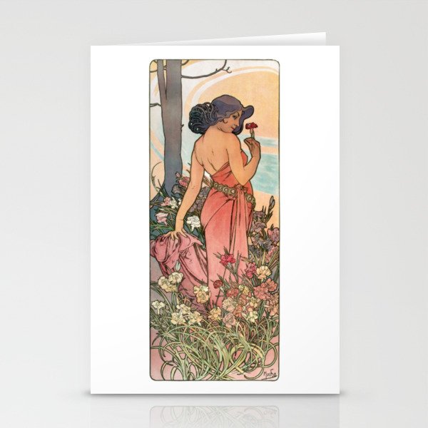 Alphonse Mucha Brunette Girl In The Forest With Pink Dress And Flowers Stationery Cards