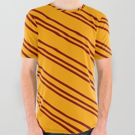 [ Thumbnail: Orange and Maroon Colored Lined/Striped Pattern All Over Graphic Tee ]