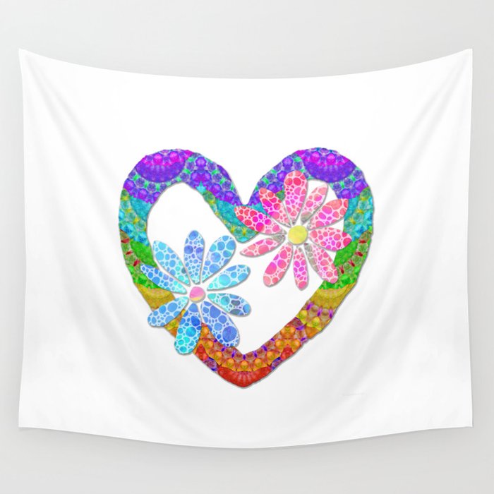 Bright Colorful Heart With Flowers - Colorful Love Wall Tapestry