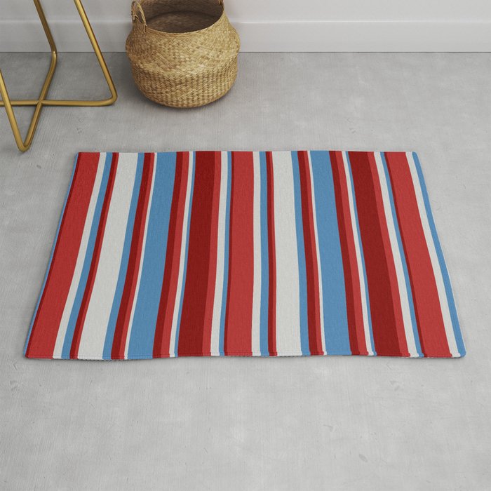 Blue, Light Gray, Red, and Maroon Colored Pattern of Stripes Rug