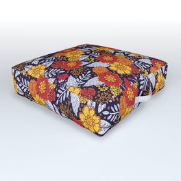 Red, Yellow, Orange & Navy Blue Flowers/Floral Pattern Outdoor Floor Cushion