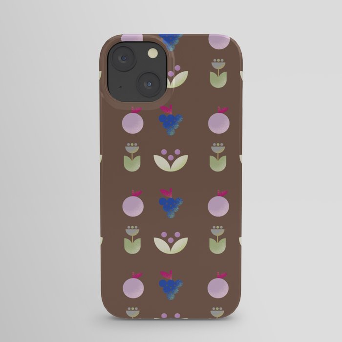 Simple modern flower and fruit pattern on dark brown background iPhone Case
